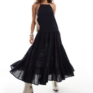 ✨ NWT Free People WhimsiGoth CottageCore Tiered Black Maxi Dress Size La…